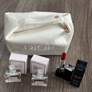 Dior Rouge Lipstick and Miss Dior Perfume Set with Elegant Cream Bag